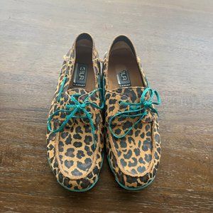 Ariat Caldwell Tan Leopard Cheetah Animal Print Teal Loafer Shoes Womens Size 6